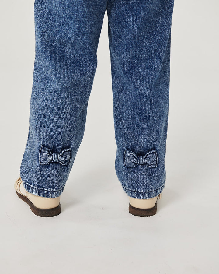 FRILL DENIM PANTS W. BOW - BLOCK SPRAY