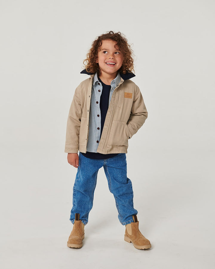 Twill Jacket w. Corduroy Collar - Beige Comb.