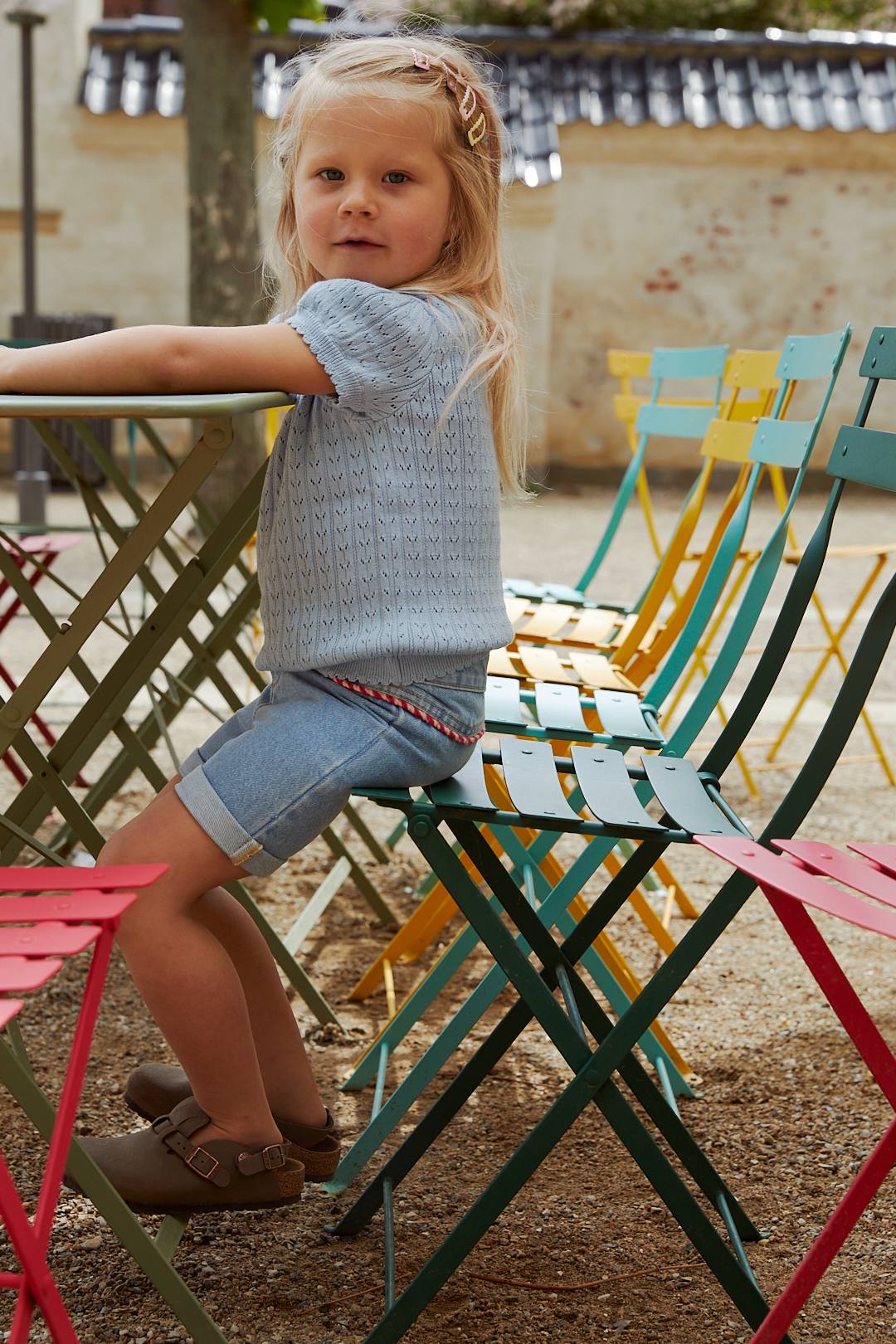 KNITTED POINTELLE BLOUSE - DUSTY BLUE