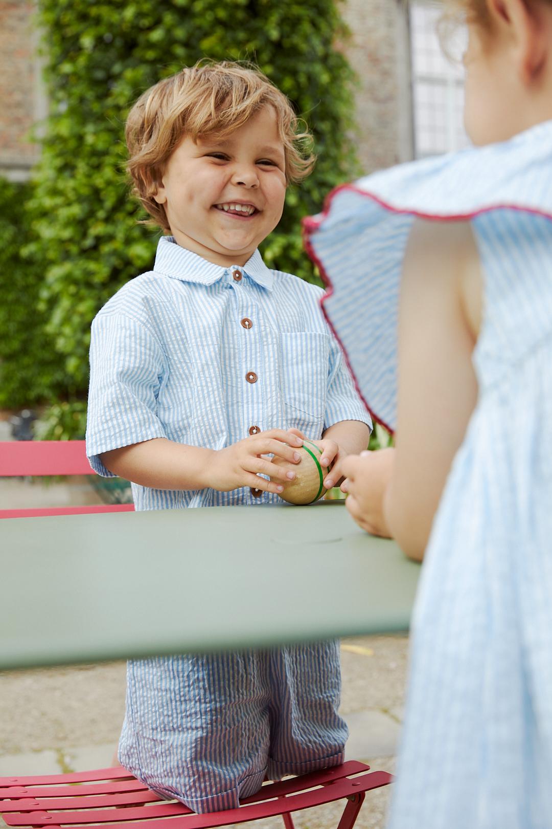 SEERSUCKER SS SHIRT - SKY BLUE W CREAM STRIPE