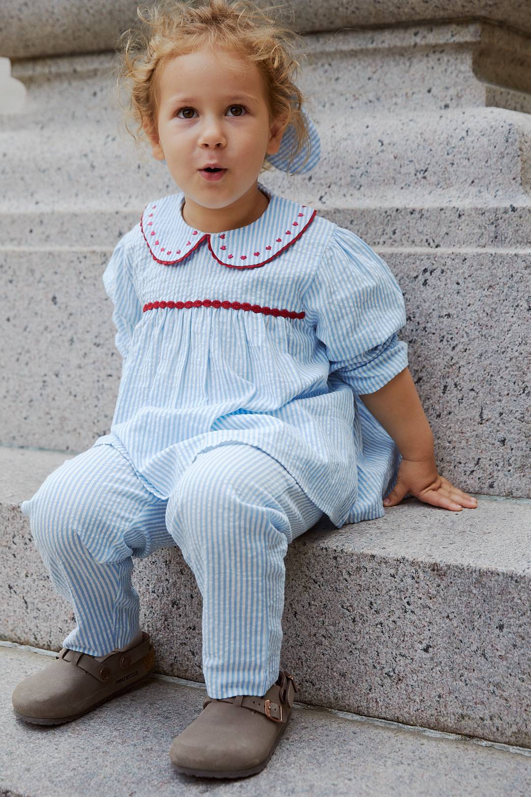SEERSUCKER LS TUNIC W. HEARTS - SKY BLUE W CREAM STRIPE W BERRY