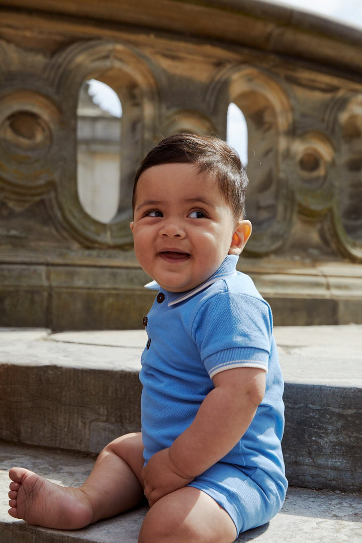 PIQUE POLO ROMPER - SKY BLUE COMB