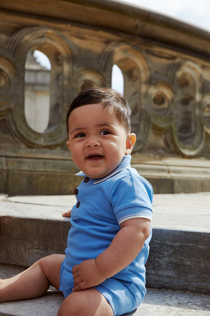 PIQUE POLO ROMPER - SKY BLUE COMB