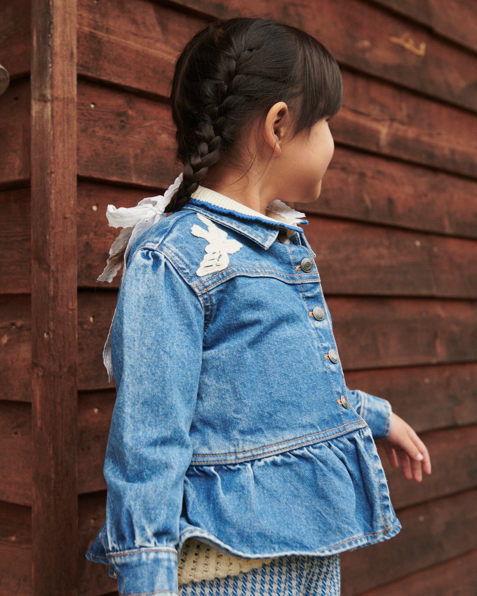 DENIM FRILL JACKET W. CROCHET DOVES - INDIGO BLUE WASHED