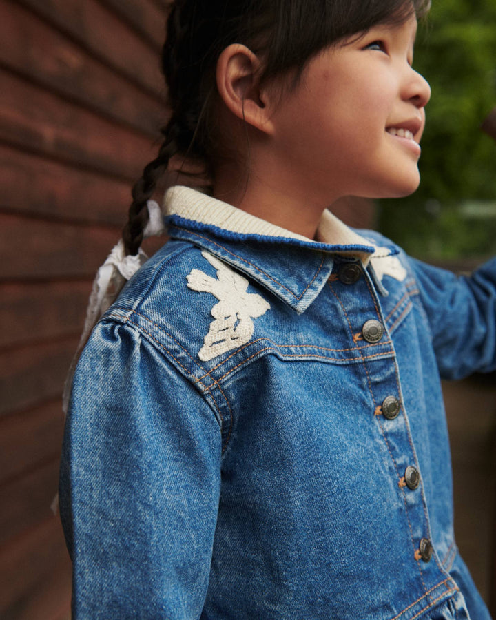 DENIM FRILL JACKET W. CROCHET DOVES - INDIGO BLUE WASHED