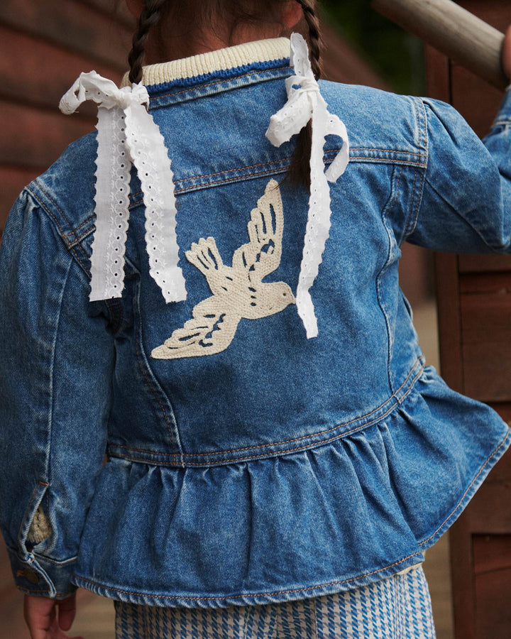 DENIM FRILL JACKET W. CROCHET DOVES - INDIGO BLUE WASHED