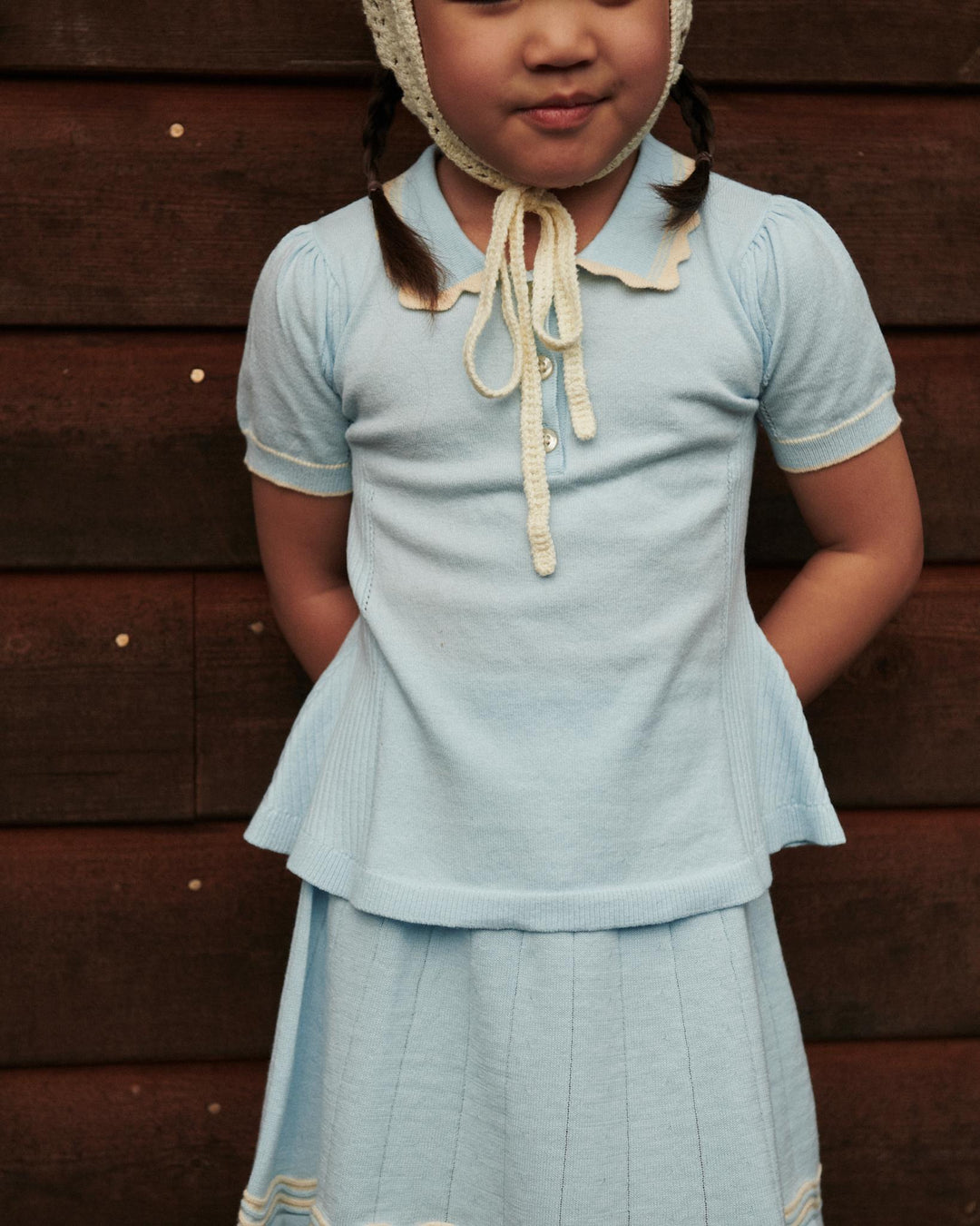 KNITTED PEPLUM BLOUSE - ICE BLUE/CREAM COMB.
