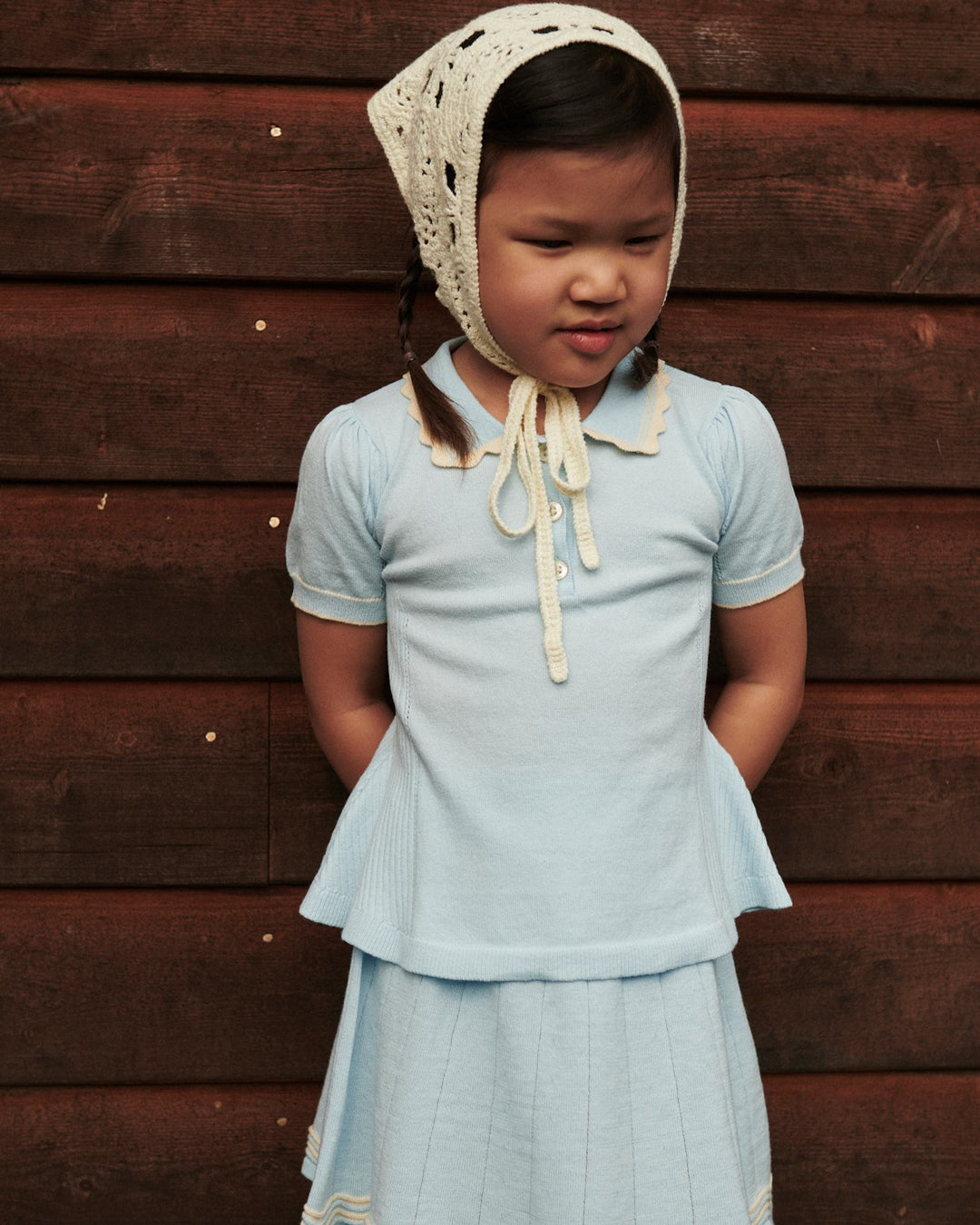KNITTED PEPLUM BLOUSE - ICE BLUE/CREAM COMB.