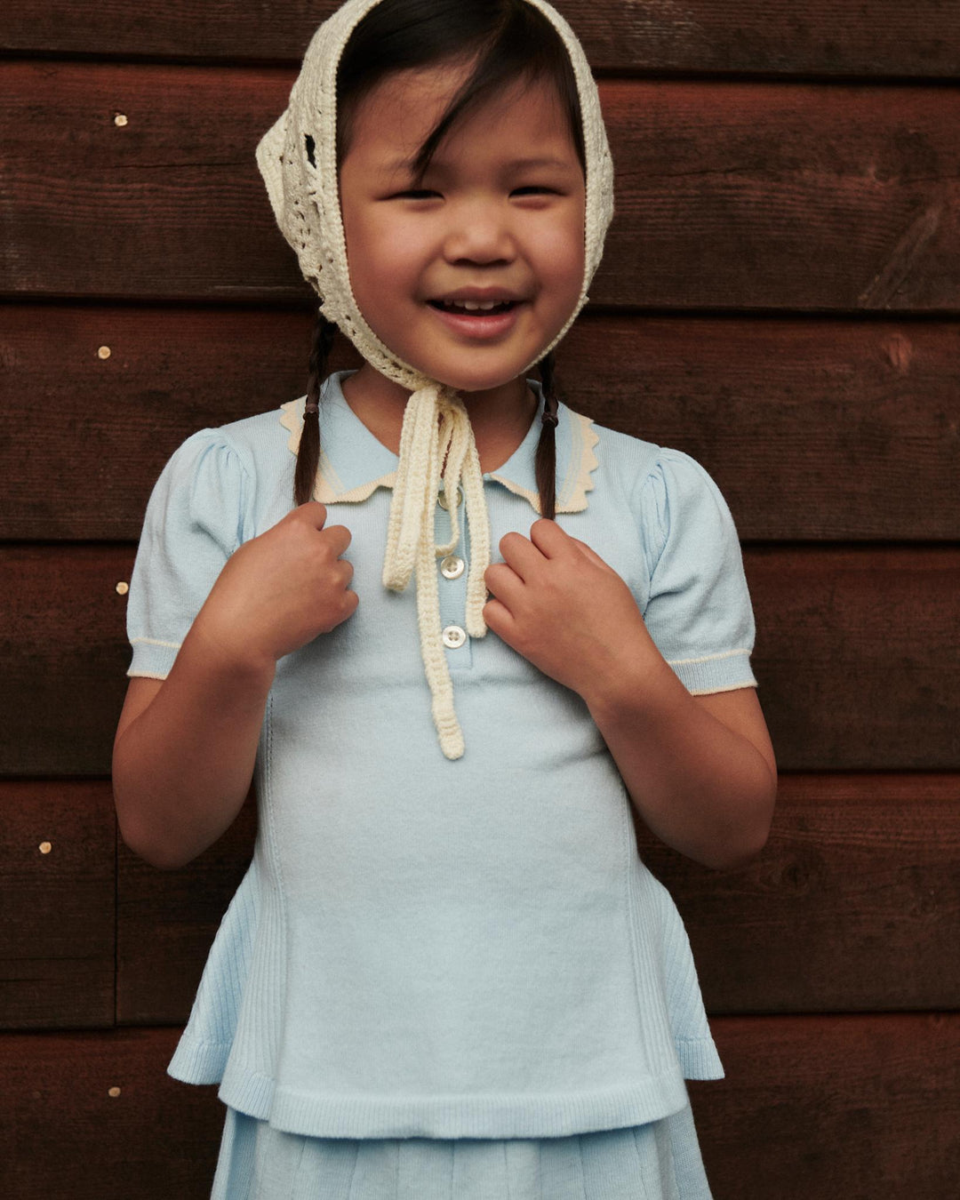 KNITTED PEPLUM BLOUSE - ICE BLUE/CREAM COMB.