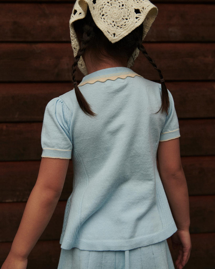 KNITTED PEPLUM BLOUSE - ICE BLUE/CREAM COMB.