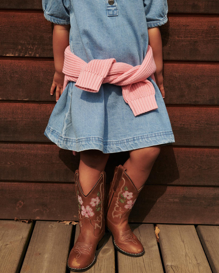 LIMITED COWBOY BOOT HIGH - BROWN FLOWER - COGNAC LEATHER