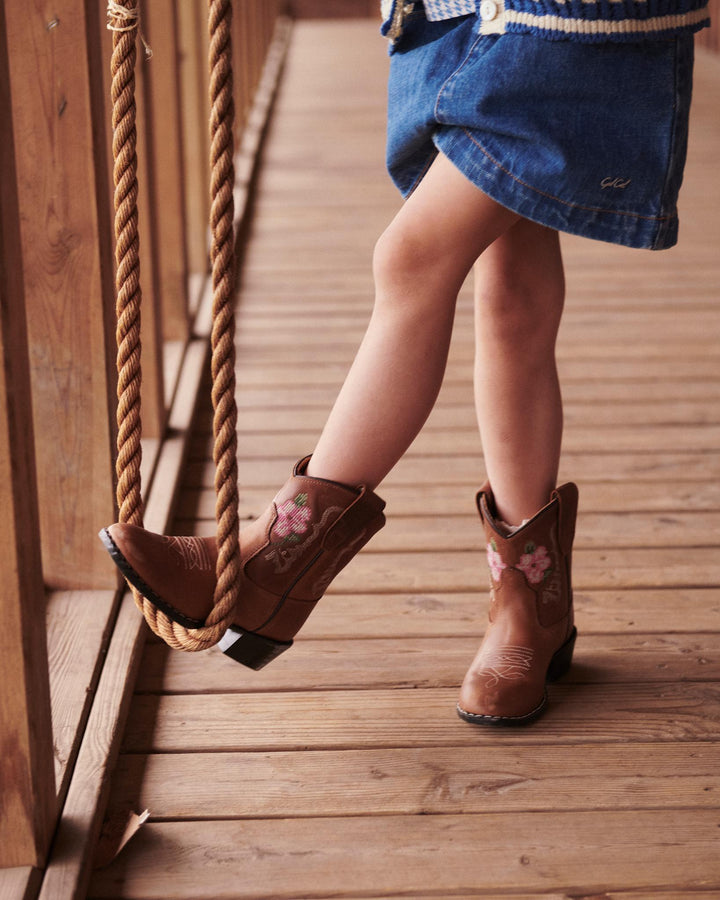 LIMITED COWBOY BOOT LOW - BROWN FLOWER - COGNAC LEATHER