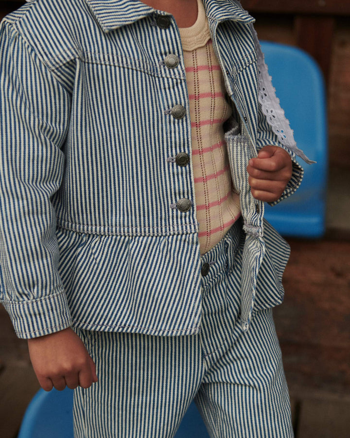 YARNDYED DENIM FRILL JACKET - DENIM BLUE STRIPE