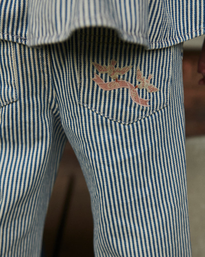 Y/D TWILL PANT W. WIDE LEG AND EMBROIDERY - DENIM BLUE STRIPE