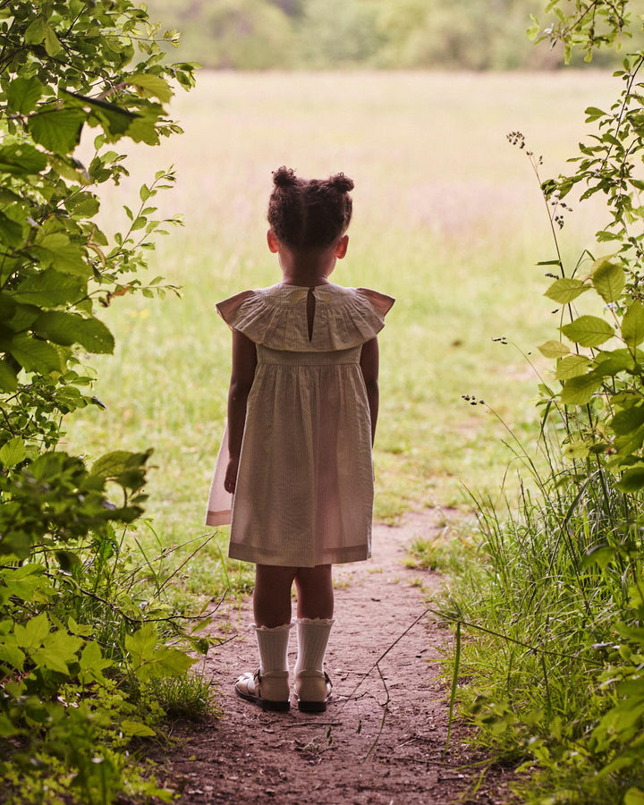 SEERSUCKER DRESS W. HEART - DUSTY ROSE W CREAM STRIPE W YELLOW