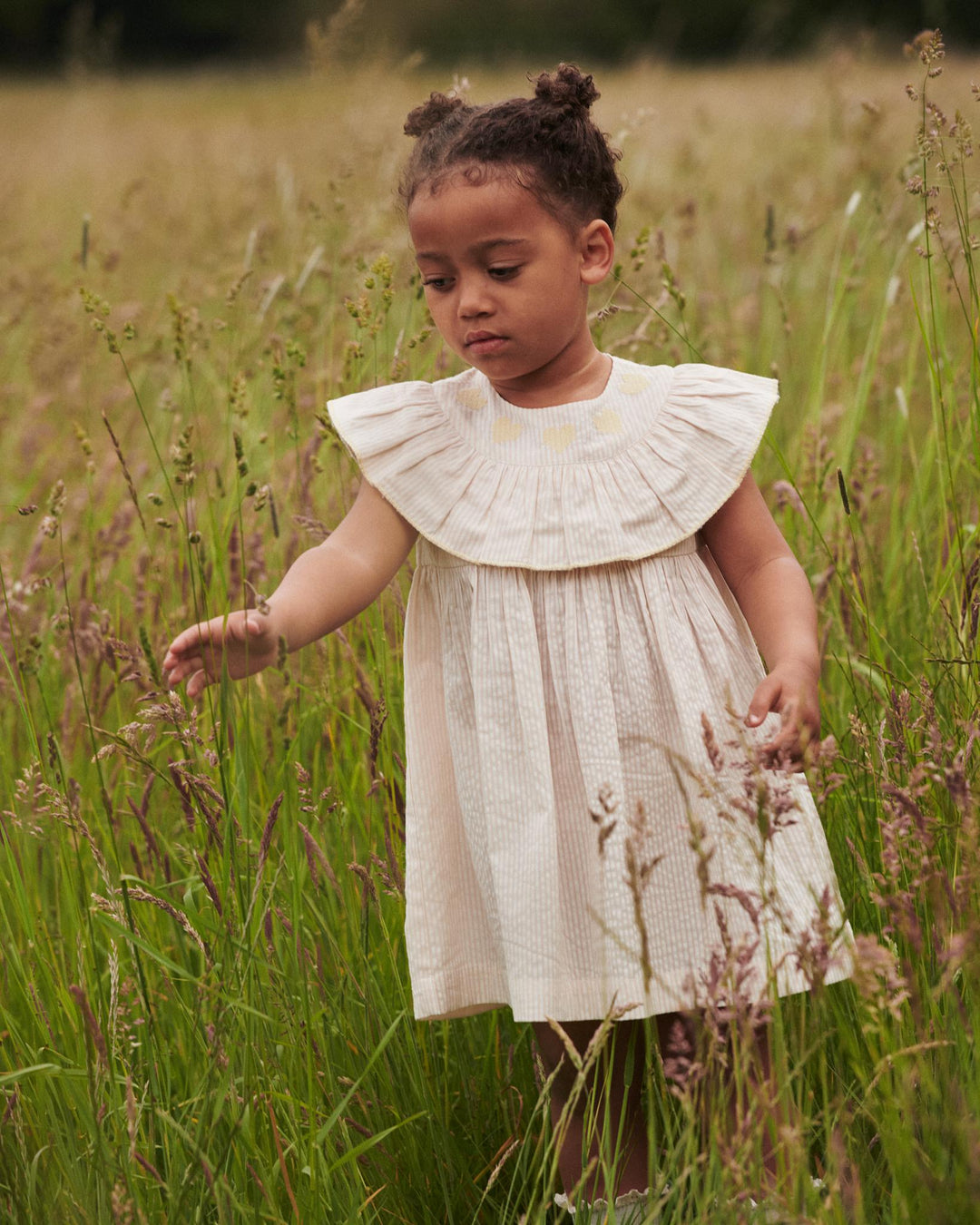 SEERSUCKER DRESS W. HEART - DUSTY ROSE W CREAM STRIPE W YELLOW