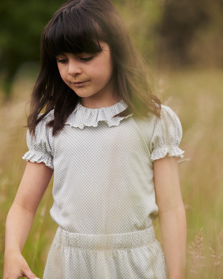 CREPE TEE W. FRILL COLLAR - DUSTY BLUE COMB.