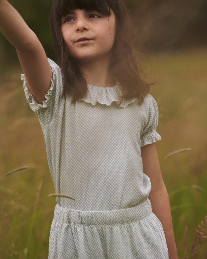 CREPE TEE W. FRILL COLLAR - DUSTY BLUE COMB.