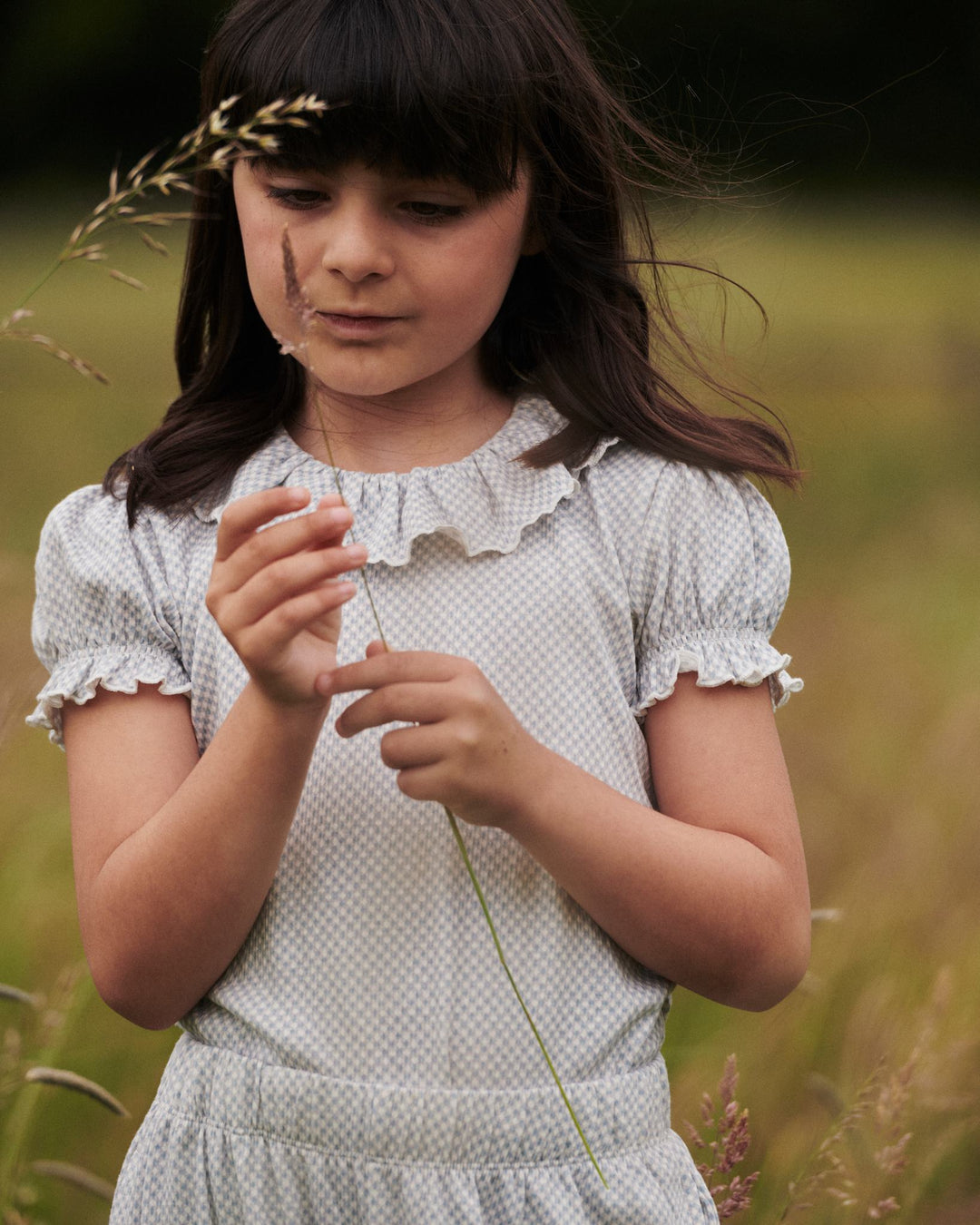 CREPE TEE W. FRILL COLLAR - DUSTY BLUE COMB.