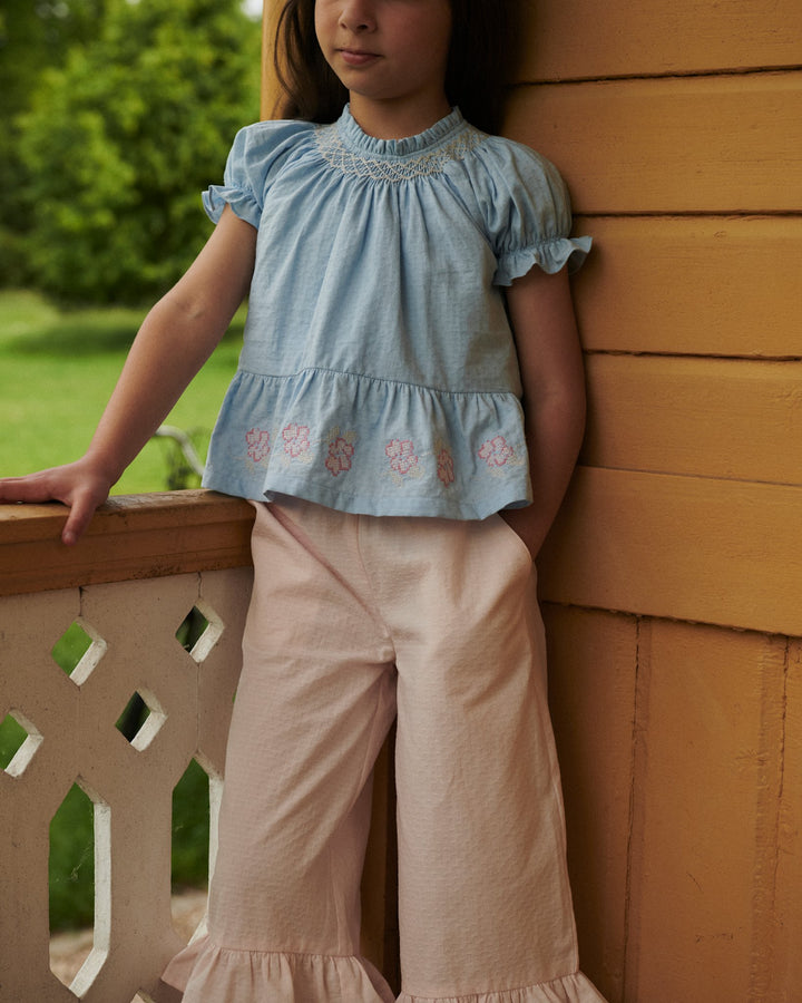 BLOUSE W. SMOCK W. EMB. - LT. BLUE COMB.