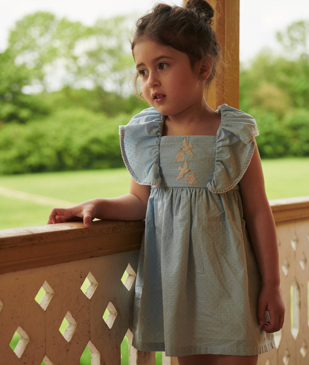 DRESS W. FRILL & EMB. - LT. BLUE COMB.