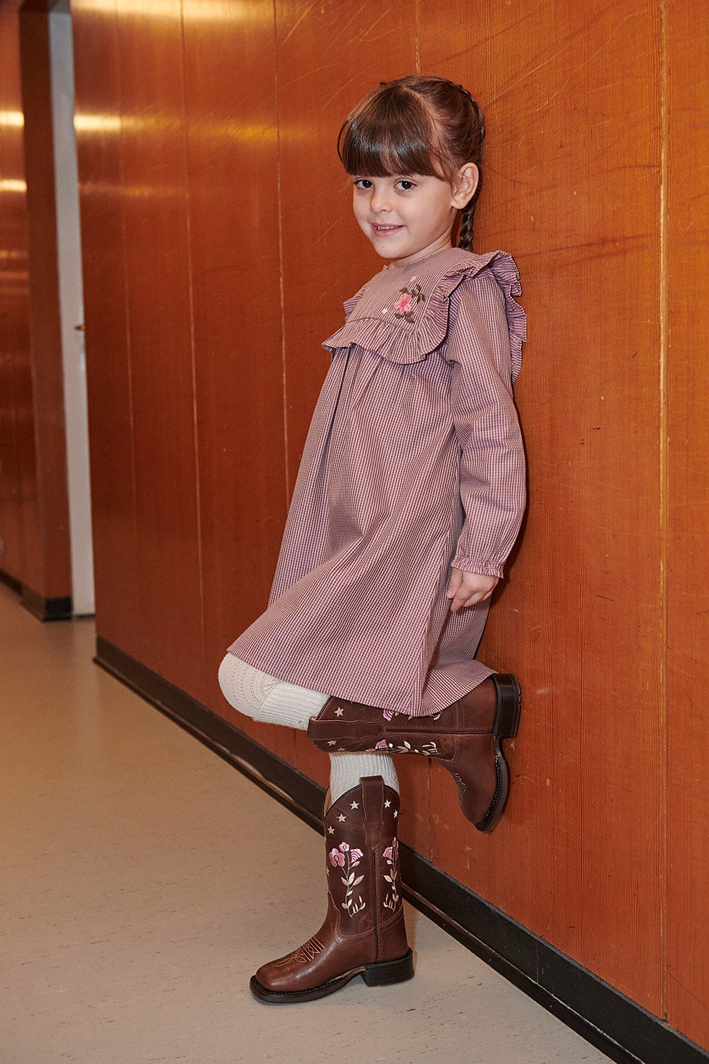 Long-sleeved Dress with frill and emb. - WINTER ROSE CHECK COMB