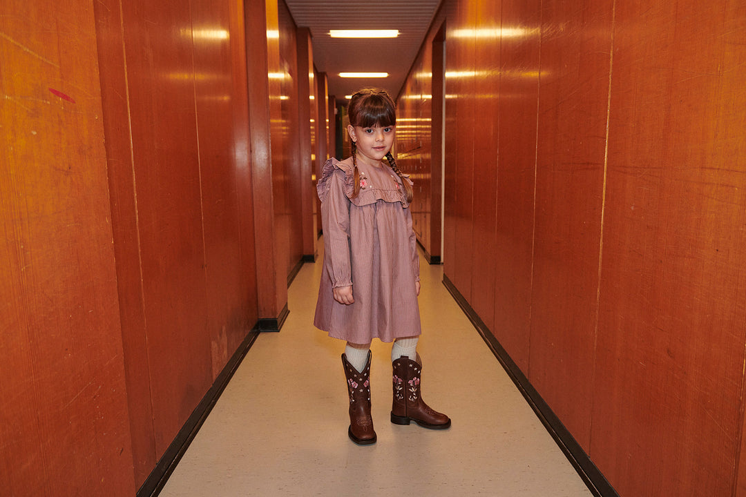 Long-sleeved Dress with frill and emb. - WINTER ROSE CHECK COMB