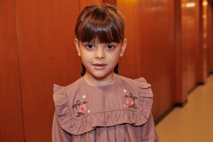 Long-sleeved Dress with frill and emb. - WINTER ROSE CHECK COMB