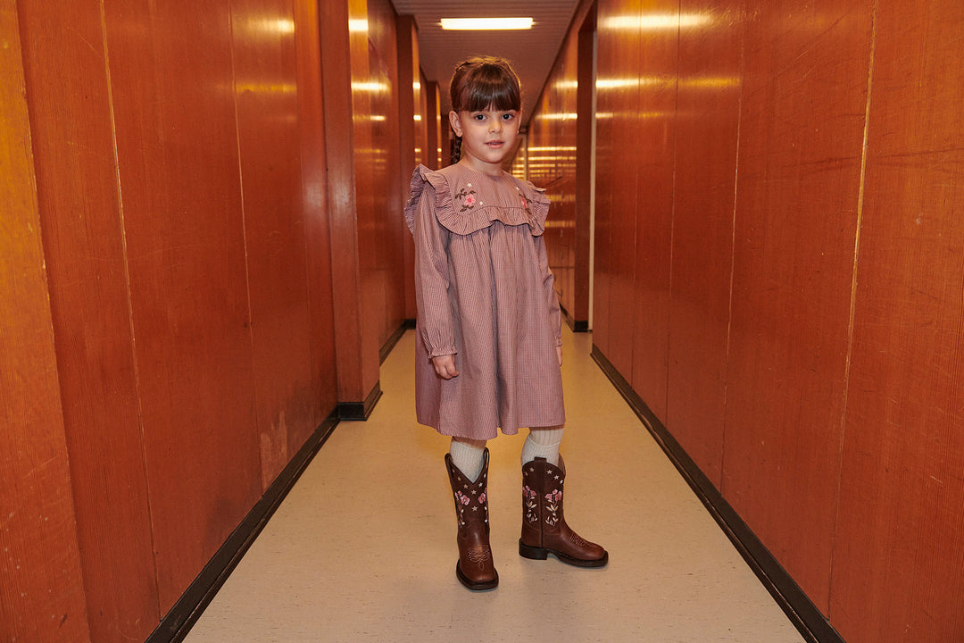 Long-sleeved Dress with frill and emb. - WINTER ROSE CHECK COMB