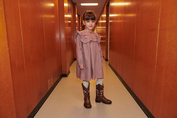 Long-sleeved Dress with frill and emb. - WINTER ROSE CHECK COMB
