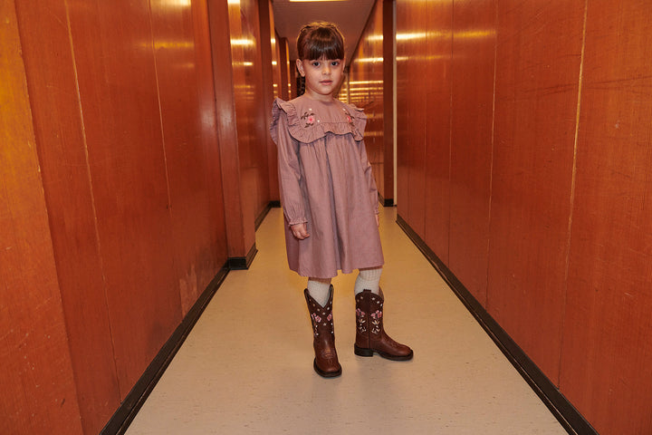 Long-sleeved Dress with frill and emb. - WINTER ROSE CHECK COMB