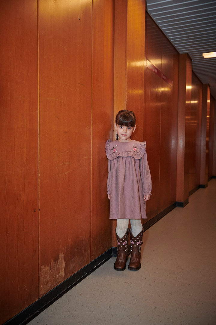 Long-sleeved Dress with frill and emb. - WINTER ROSE CHECK COMB