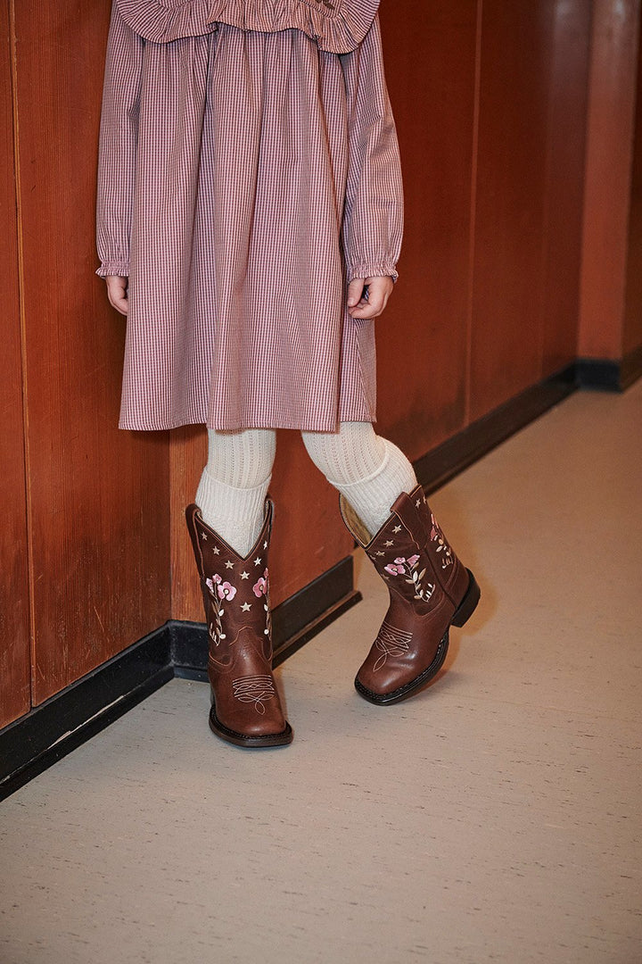 Long-sleeved Dress with frill and emb. - WINTER ROSE CHECK COMB