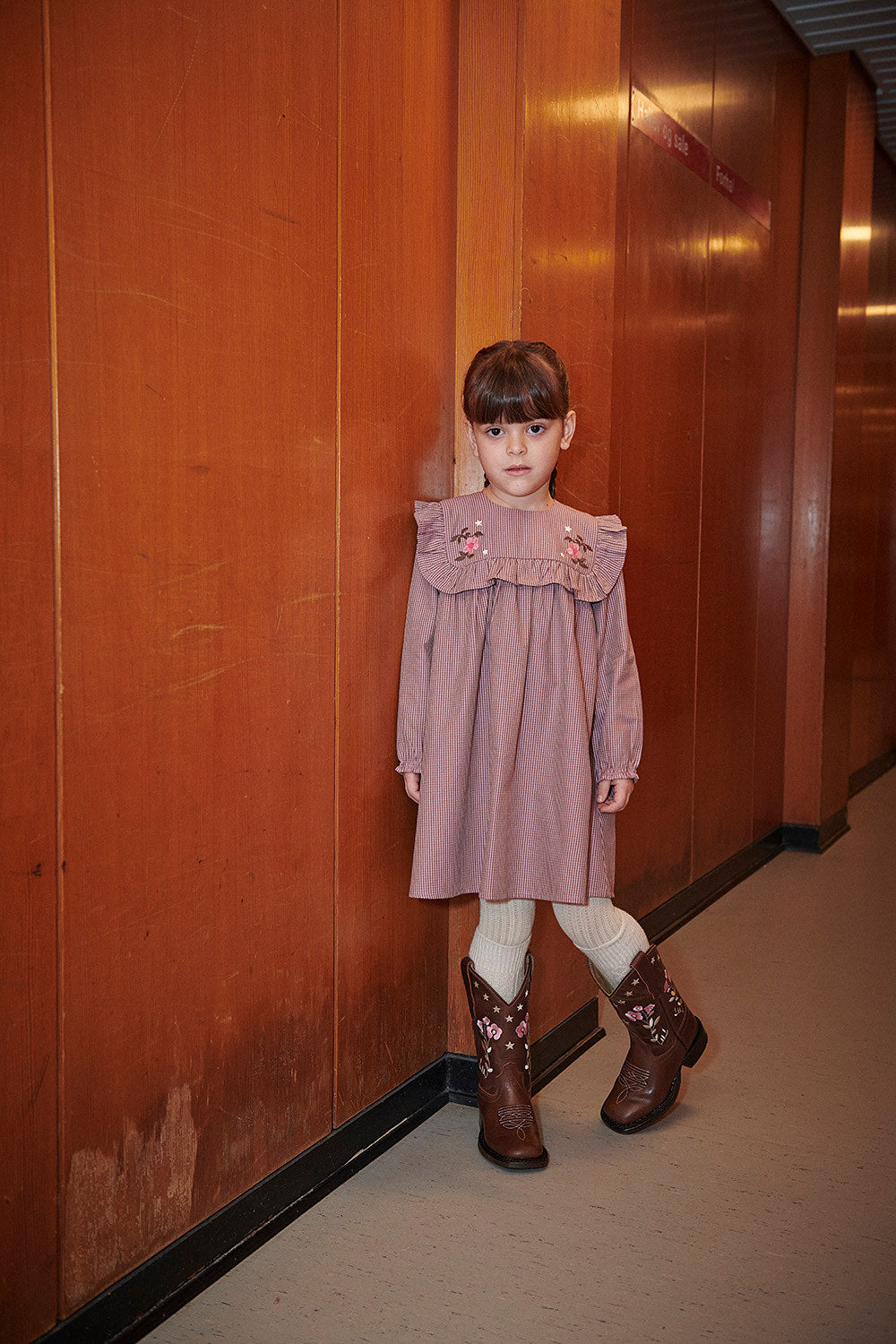 Long-sleeved Dress with frill and emb. - WINTER ROSE CHECK COMB