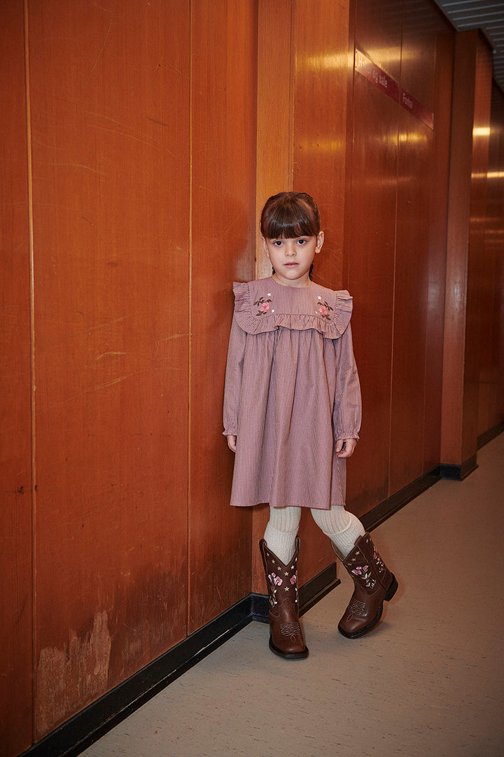 Long-sleeved Dress with frill and emb. - WINTER ROSE CHECK COMB