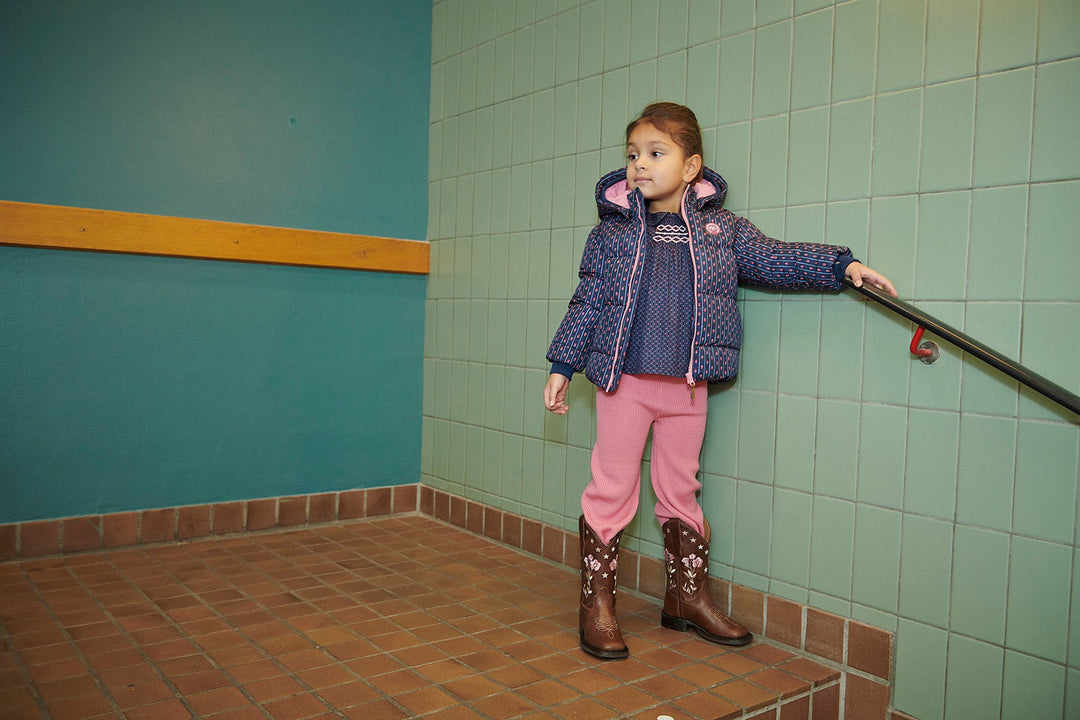 2 in 1 Puffer Jacket w. Removable Sleeves - Navy Flower Aop