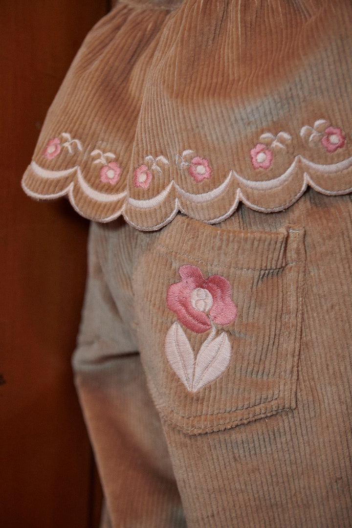 Corduroy Pant w. Wide Leg & Emb. on Backside Pocket - Beige