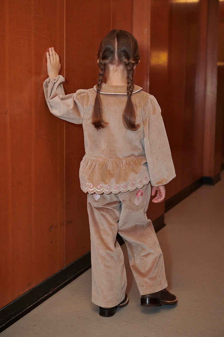Corduroy Pant w. Wide Leg & Emb. on Backside Pocket - Beige