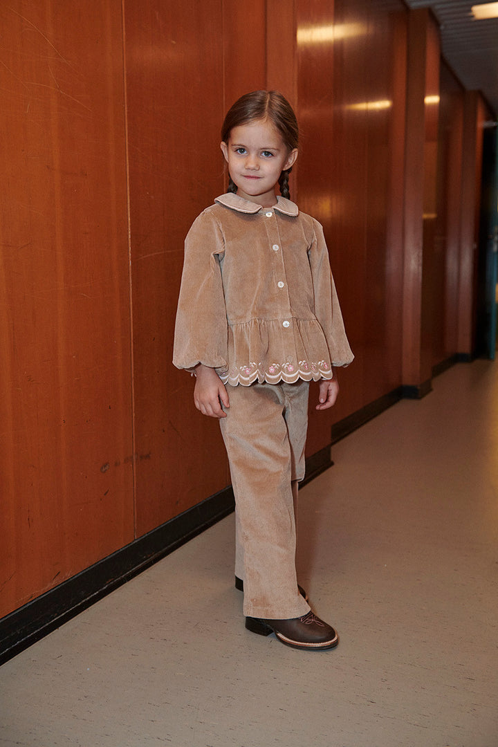 Corduroy Pant w. Wide Leg & Emb. on Backside Pocket - Beige