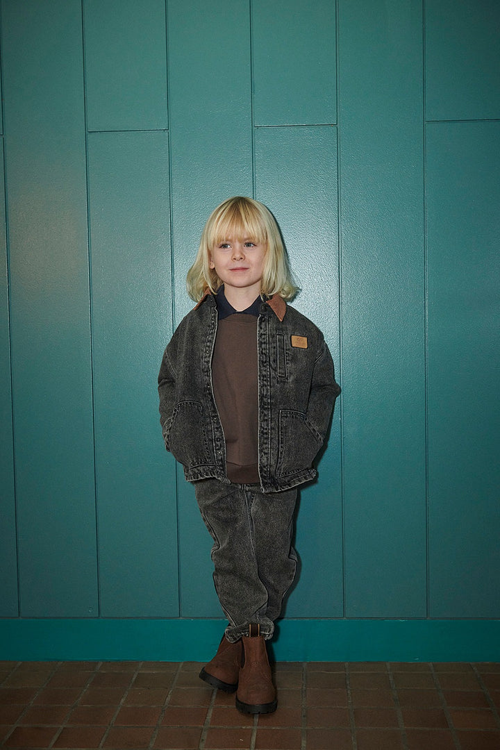Denim Jacket w. Corduroy Collar - Washed Dk. Grey Brown w. Dk Brown Corduroy Collar