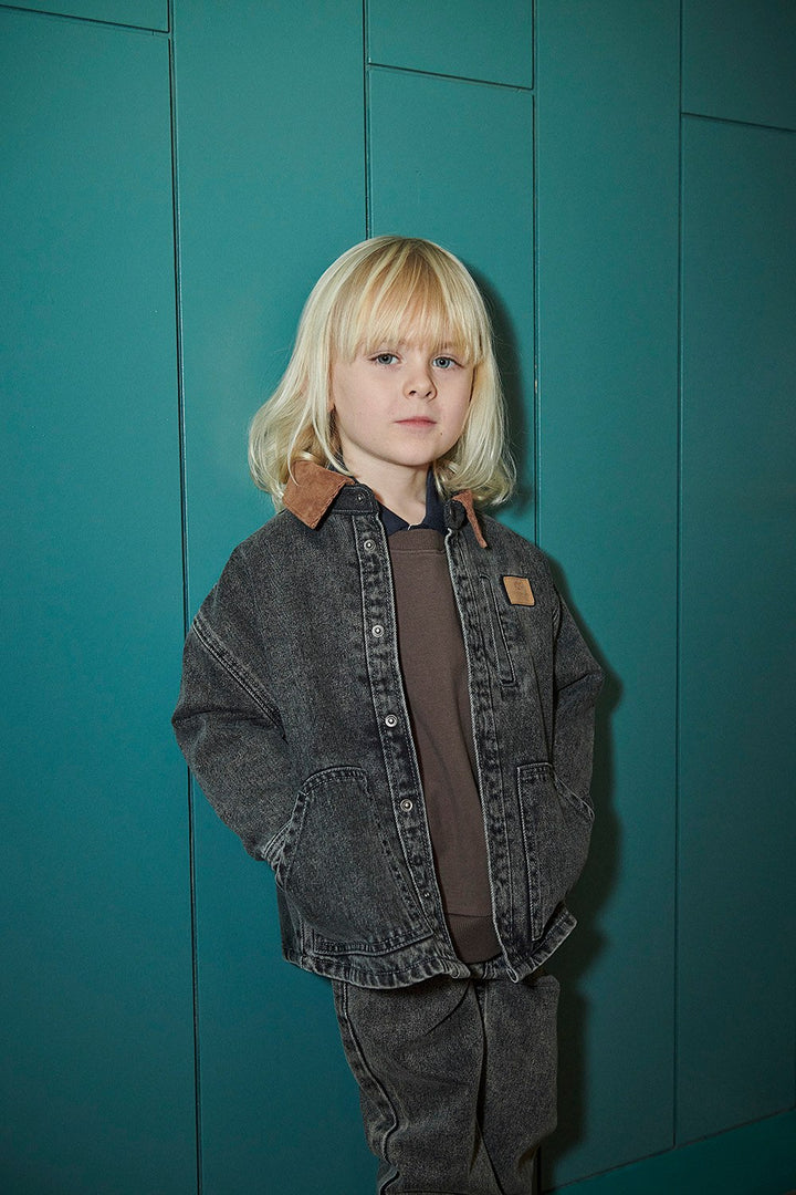 Denim Jacket w. Corduroy Collar - Washed Dk. Grey Brown w. Dk Brown Corduroy Collar