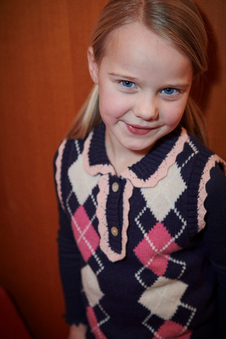 Argyle Vest w. Deco - Navy/Soft Pink/Blossom Pink Comb.