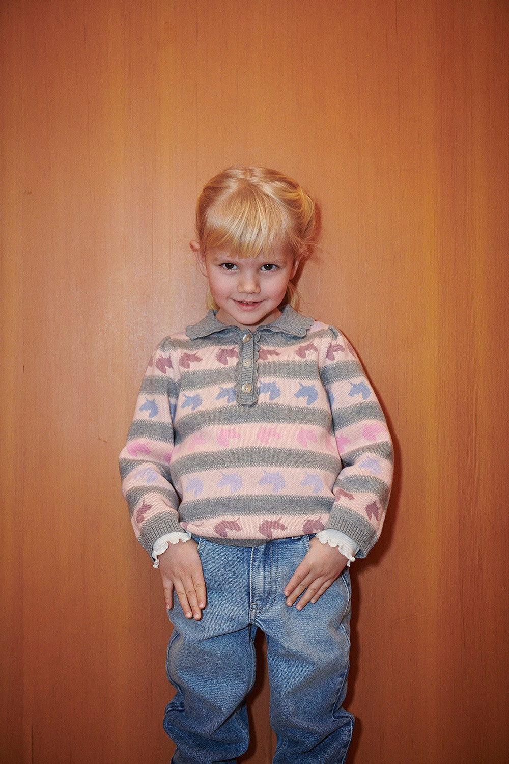 Unicorn Pattern Ls. Blouse w. Collar - Unicorn