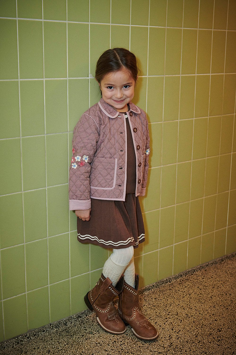 Checkered Quilted Jacket w. Embroidery - Winter Rose Check Comb.