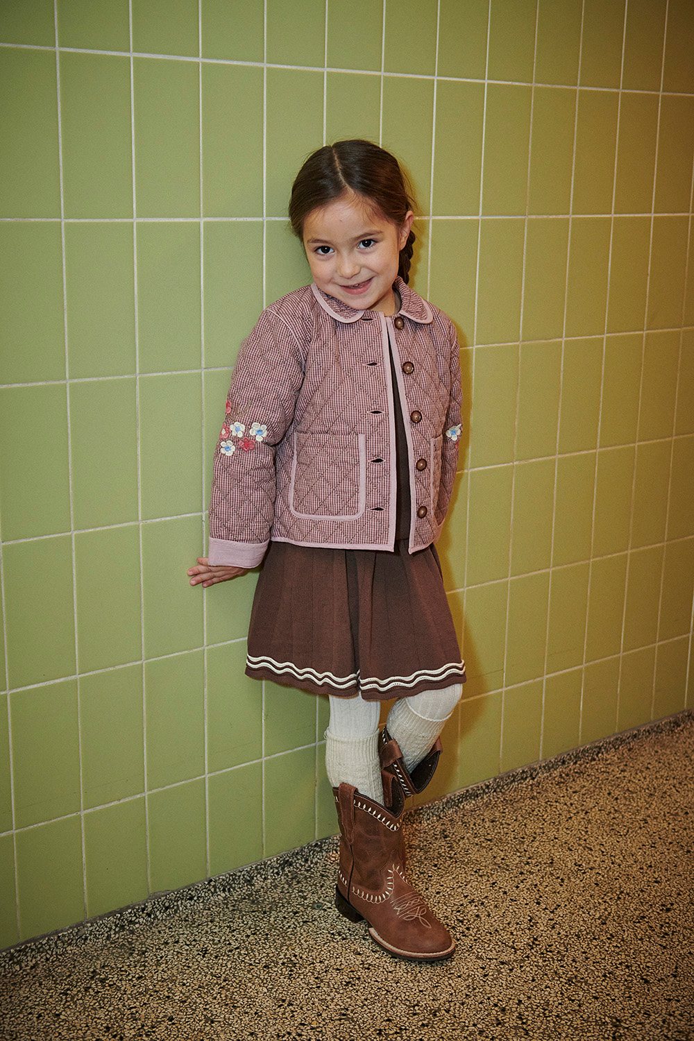 Checkered Quilted Jacket w. Embroidery - Winter Rose Check Comb.