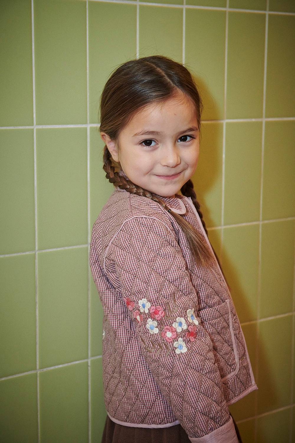 Checkered Quilted Jacket w. Embroidery - Winter Rose Check Comb.