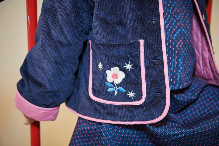 Quilted Corduroy Jacket w. Embroidery - Navy