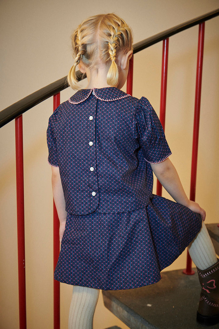 Printed Set w. Blouse & Skirt - Navy Flower Aop