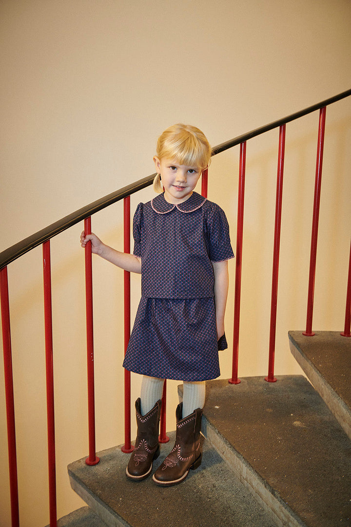 Printed Set w. Blouse & Skirt - Navy Flower Aop