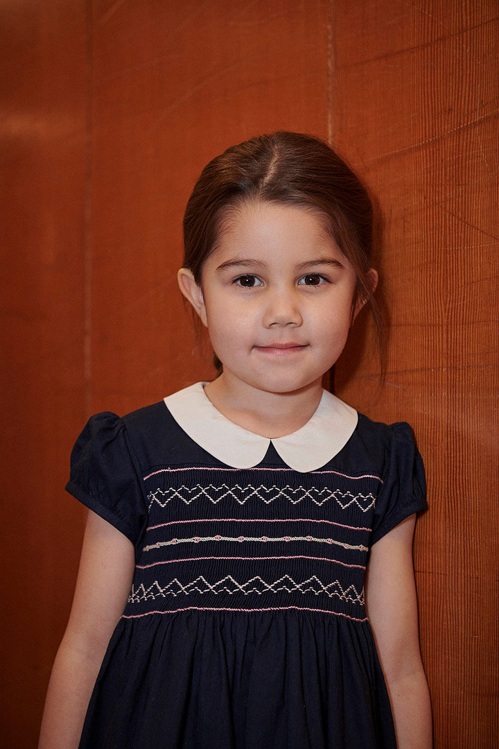 Dress w. Handmade Smock Embroidery - Navy Comb.